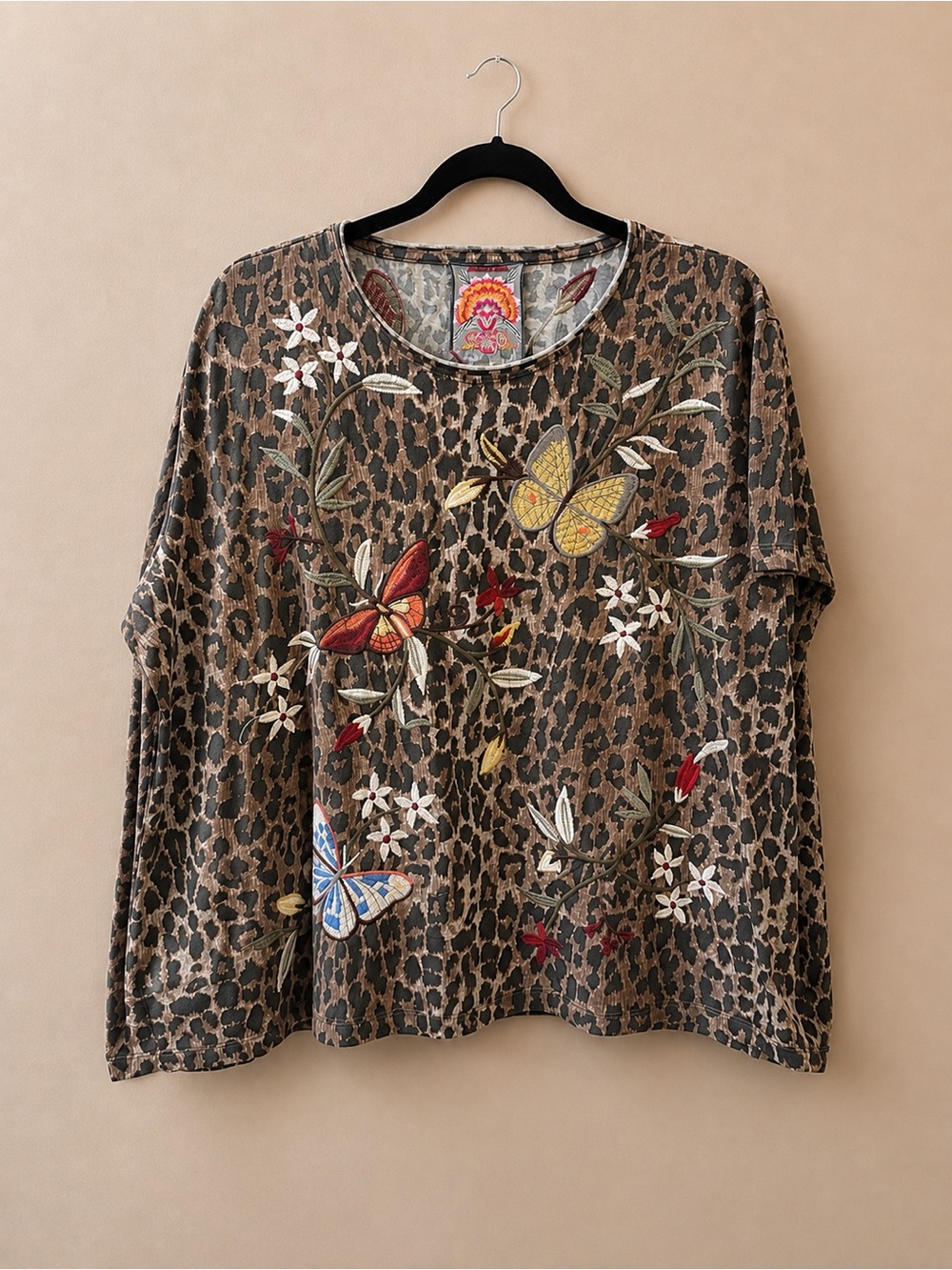 Embroidered Butterfly Floral Leopard-Print Women's Tee